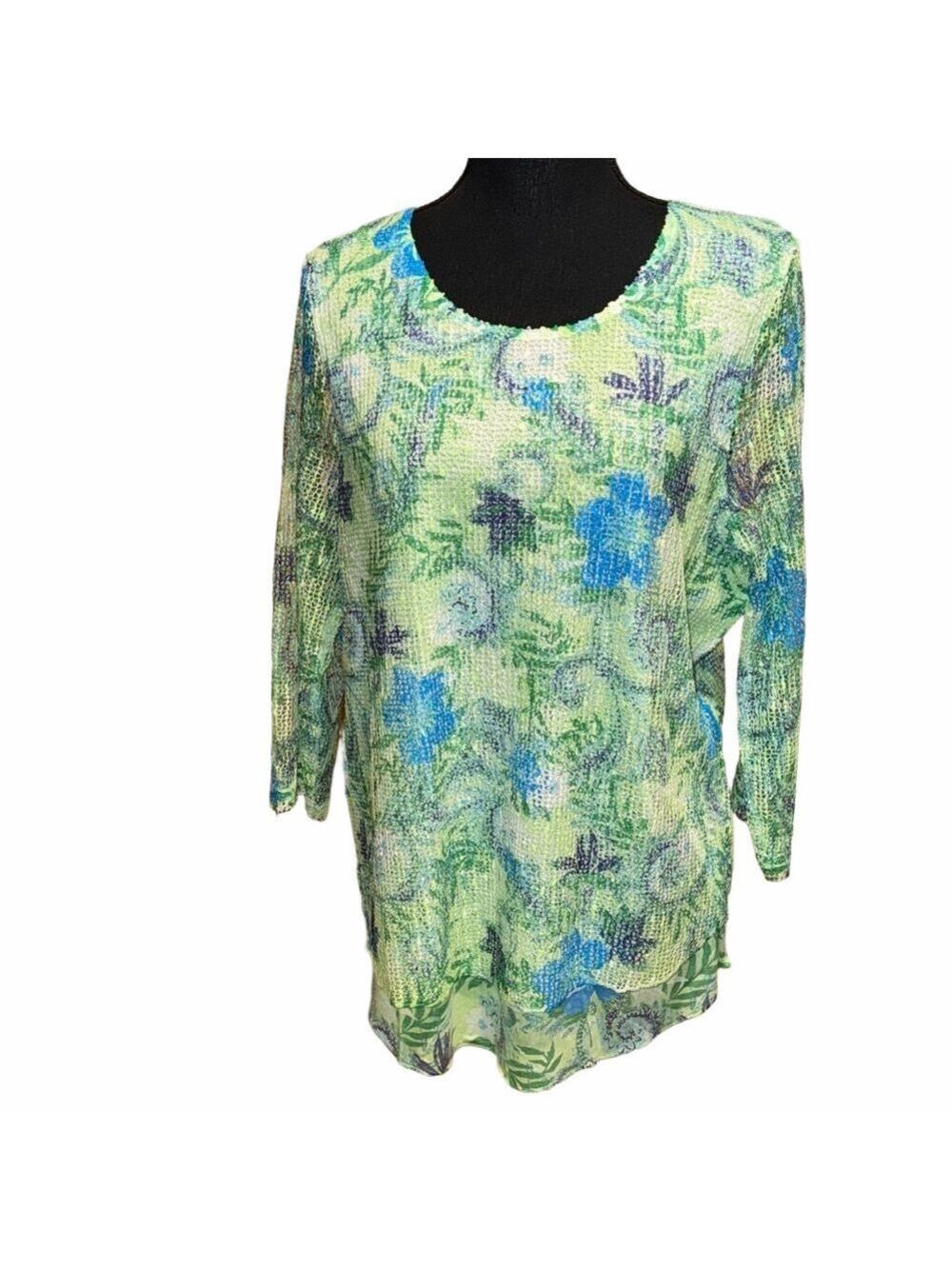 Comfort Oasis Green Blue Floral Blouse Women's Large